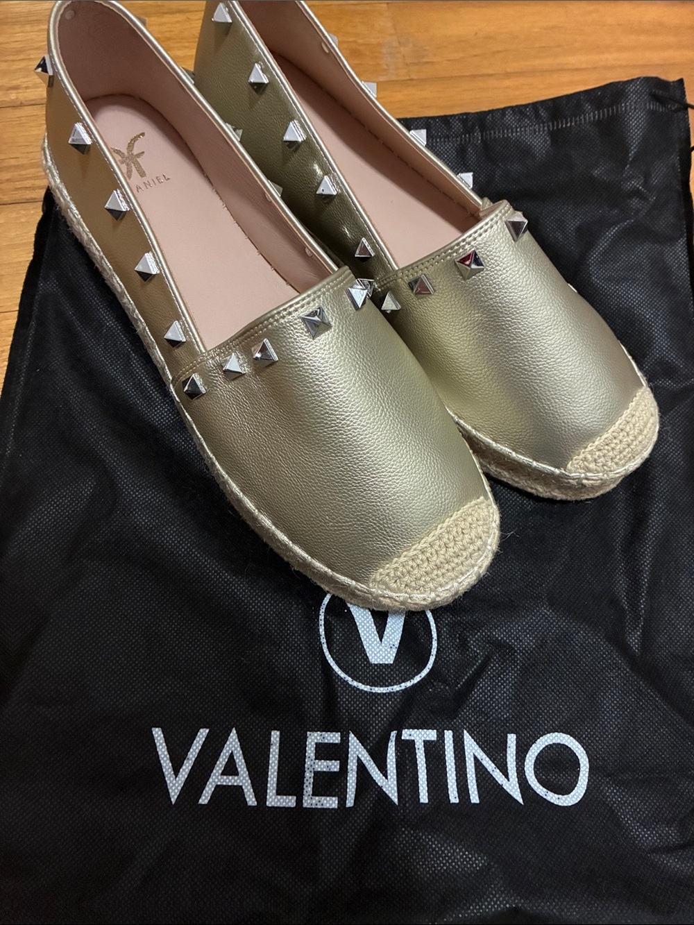 Daniel Women's Gold Stud Espadrille platform studded with valentino dust bag
